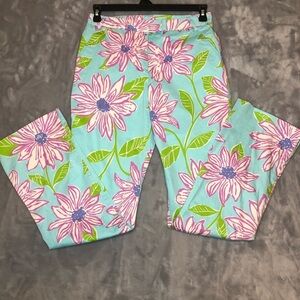 Lilly Pulitzer Women's Slacks Turquoise with Pink/Purple/Green Flowers Size 8